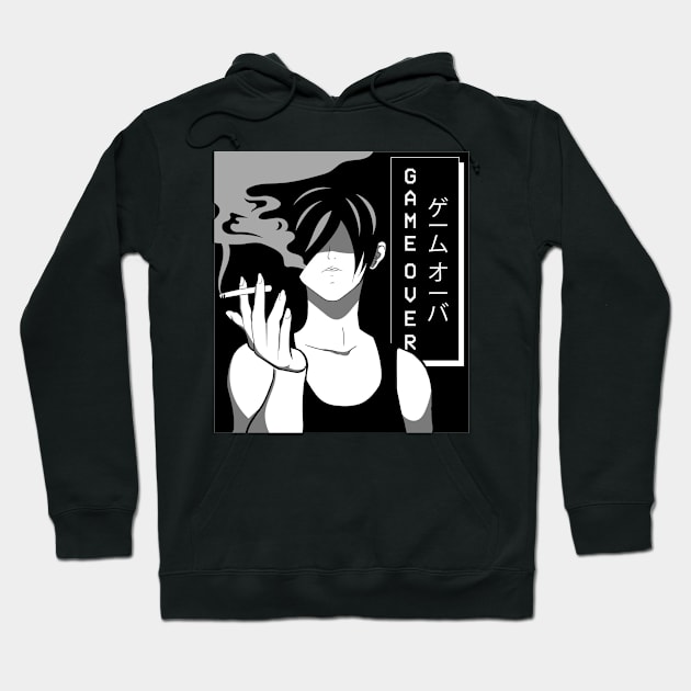 Game Over Anime Boy Otaku Aesthetic Kanji Weeb Hoodie by Alex21